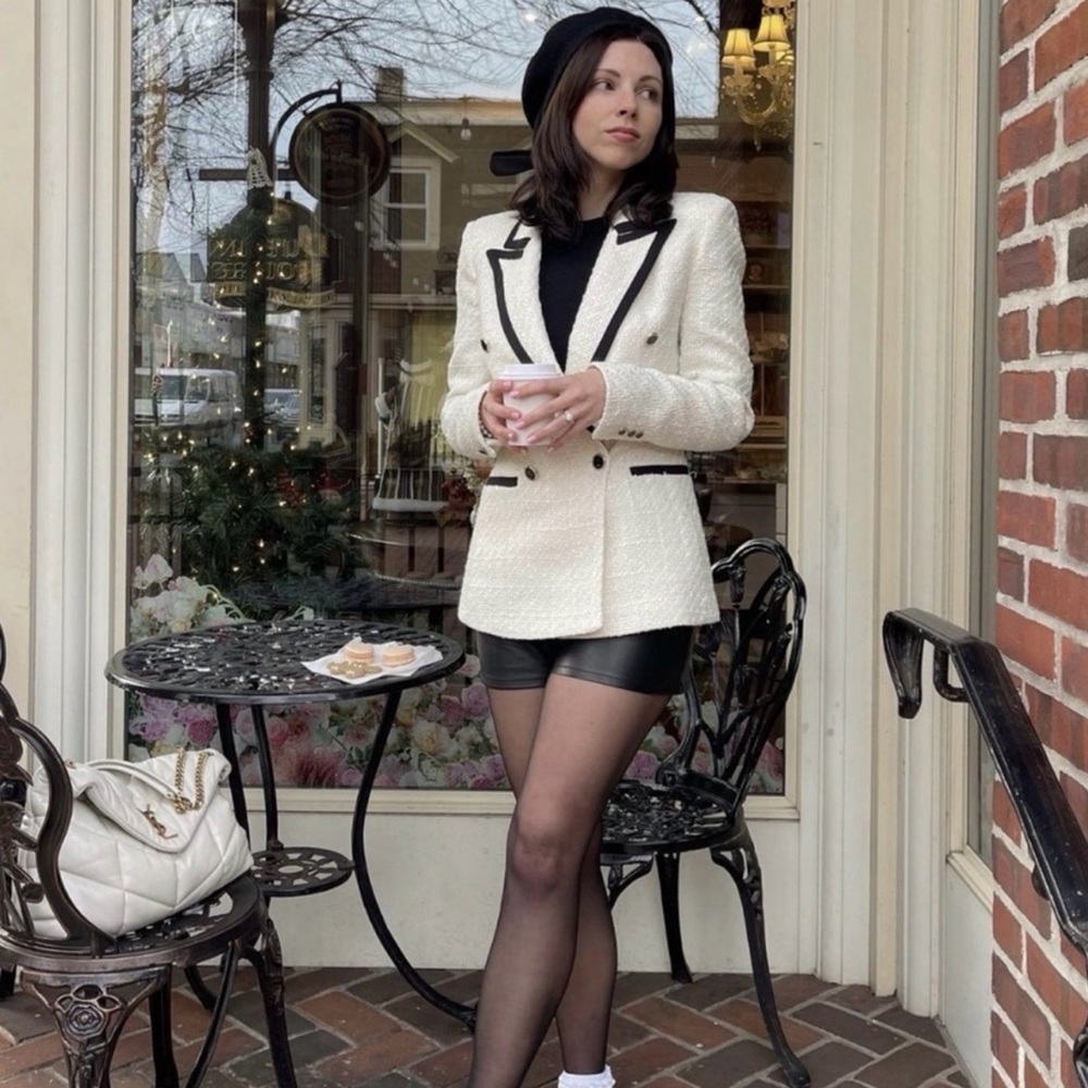 Zara Cream Tweed Double-Breasted Blazer with Black Trim